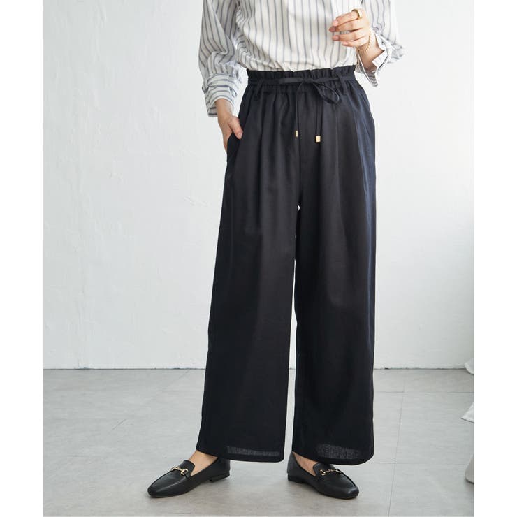 ネイビーブルー | 麻混ベルト付きイージーパンツ | ikka 