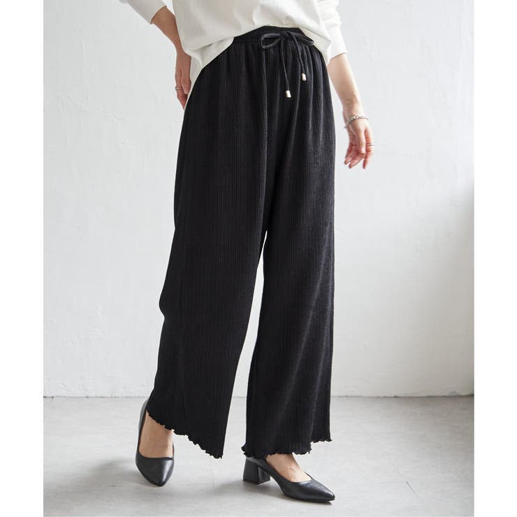 ブラック | ジャガードプリーツワイドパンツ | ikka 