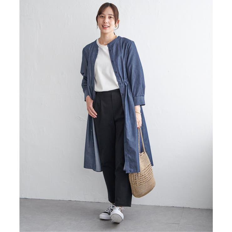 ネイビーブルー | バンドカラーウエストドロストワンピース | ikka 