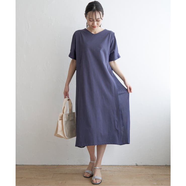 ブルー | 異素材配色切り替えワンピース | ikka 