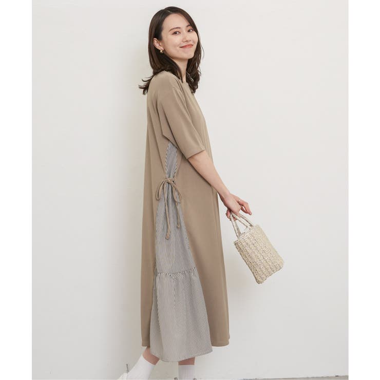 ベージュ | 【親子コーデ】異素材切り替えサイドリボンワンピース | ikka