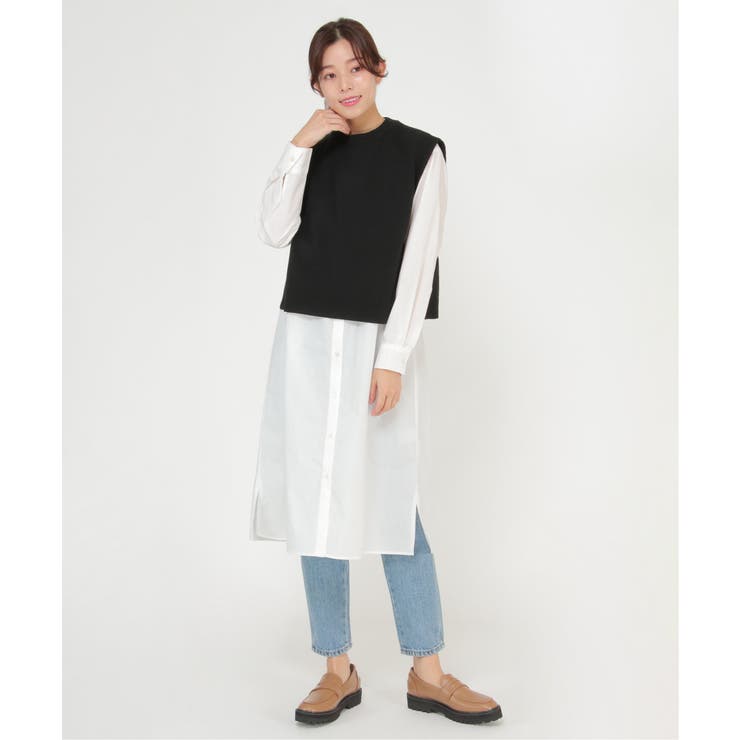 INDIVI★ニットベスト×シャツワンピース アンサンブル オフホワイト 新品 シャツワンピースニットベストアンサンブル[品番：IKAW0015644]｜ikka