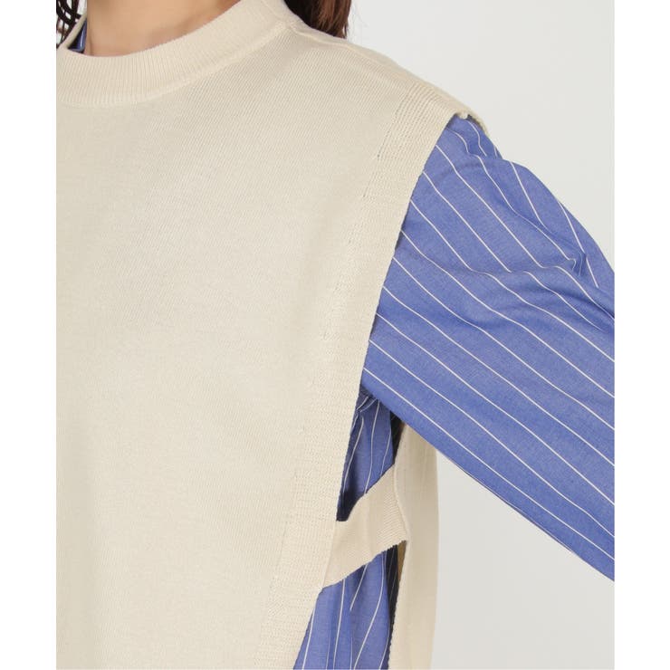 INDIVI★ニットベスト×シャツワンピース アンサンブル オフホワイト 新品 シャツワンピースニットベストアンサンブル[品番：IKAW0015644]｜ikka