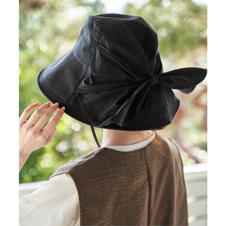 ブラック | 洗えるUVツバ広リボンハット | ikka 