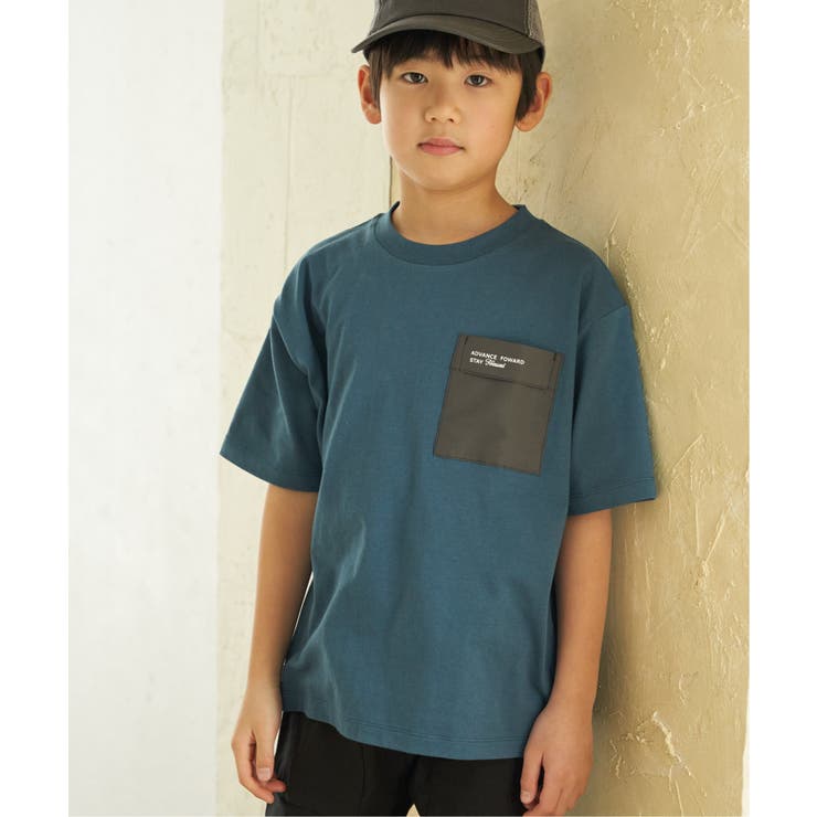 ブルーグリーン | 【親子コーデ】異素材ポケロゴプリントT（120~160cm） | ikka 