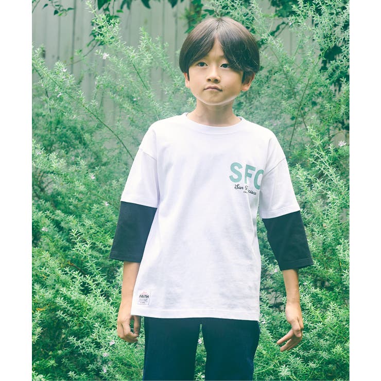 オフホワイト | 7分袖レイヤードロゴTシャツ（120~160cm） | ikka 