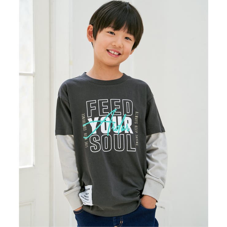 チャコール | 袖レイヤードロゴプリントロンT（120~160cm） | ikka 