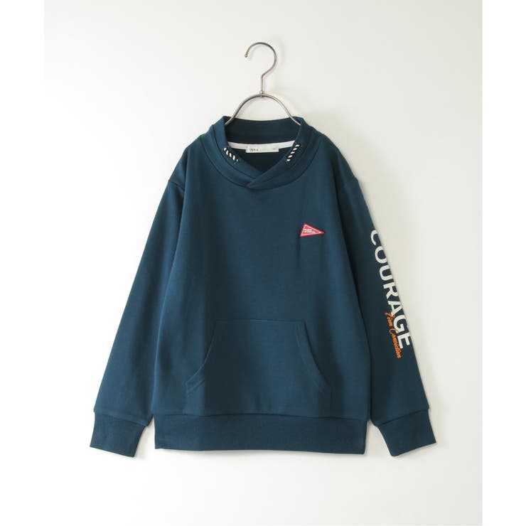 ダークグリーン | ロープ襟ポケ付き袖ロゴトレーナー（120~160cm） | ikka 