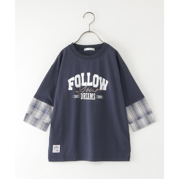 ダークネイビー | 7分袖フェイクシャツレイヤードプリントTシャツ（120~160cm） | ikka 