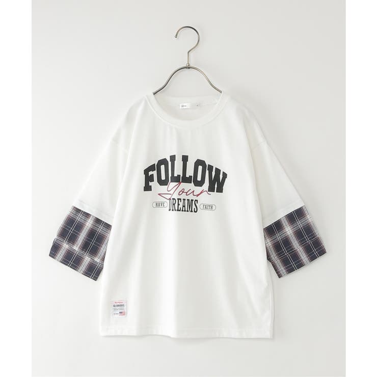 オフホワイト | 7分袖フェイクシャツレイヤードプリントTシャツ（120~160cm） | ikka 