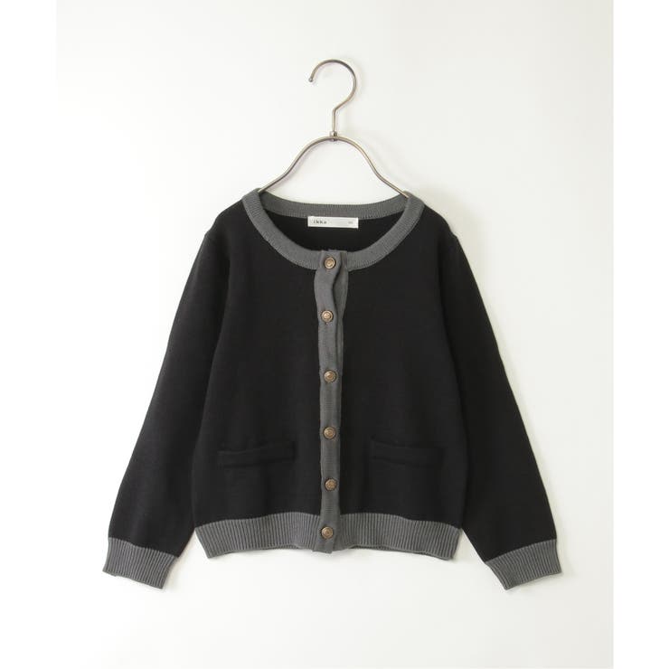 ブラック | 7Gリブ配色ニットカーディガン(120~160cm) | ikka