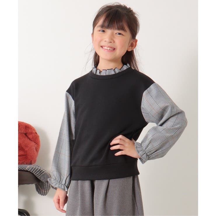 ブラック | 袖チェックフリル襟プルオーバー（120~160cm） | ikka 