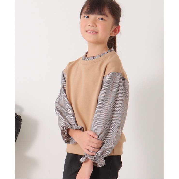 袖チェックフリル襟プルオーバー（120~160cm） | ikka  | 詳細画像1 