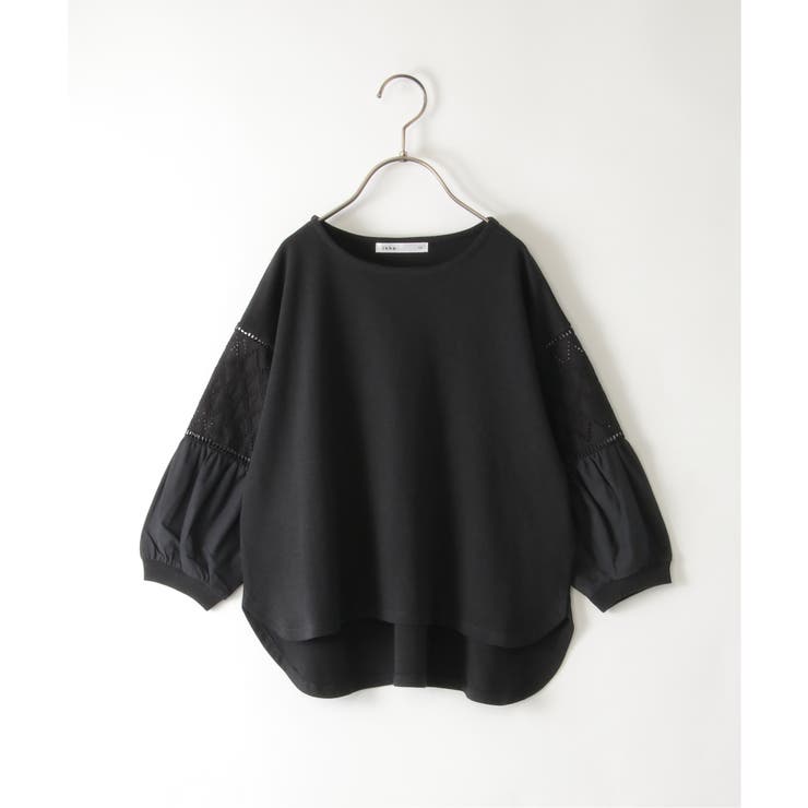 ブラック | 【親子コーデ】7分袖幾何学レース切り替えTシャツ（120~160cm） | ikka 