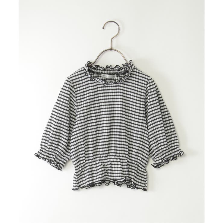 ブラック | ブラウスライクチェック7分袖プルオーバー（120~160cm） | ikka 