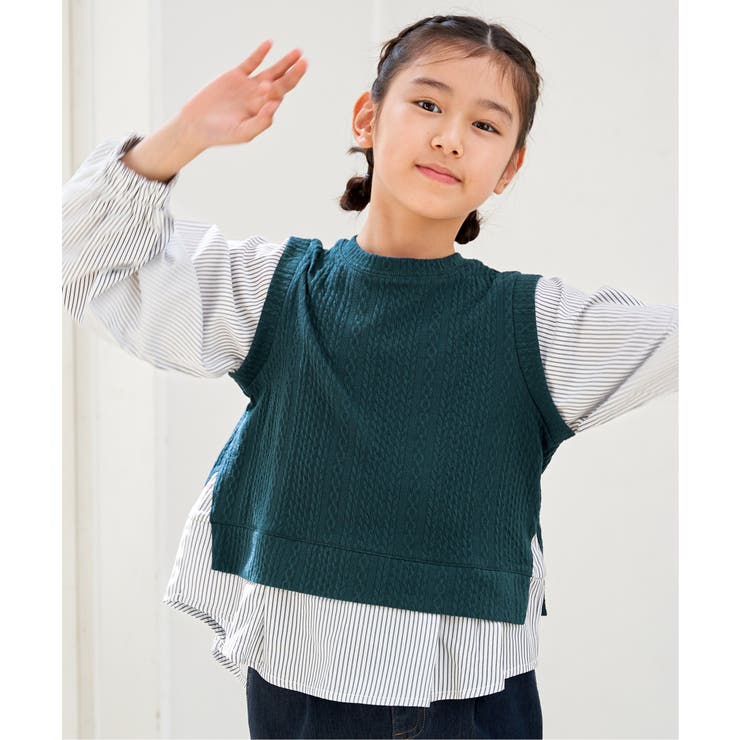 【親子コーデ】ケーブル柄レイヤードプルオーバー（120~160cm） | ikka  | 詳細画像2 
