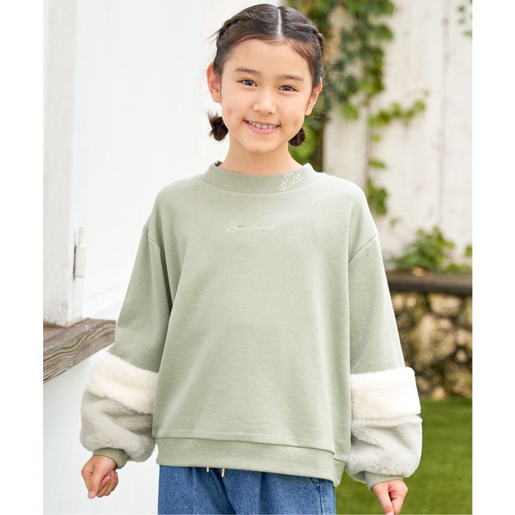 ミントグリーン | 袖ファー刺繍ラインストーンプルオーバー（120~160cm） | ikka 