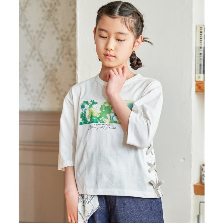 【親子コーデ】フォトロゴ脇レースアップ7分袖Tシャツ（120~160cm） | ikka  | 詳細画像1 