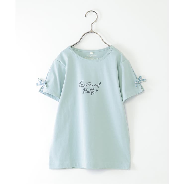 サックスブルー | 冷感肩ギンガム切り替えロゴT（120~160cm） | ikka 