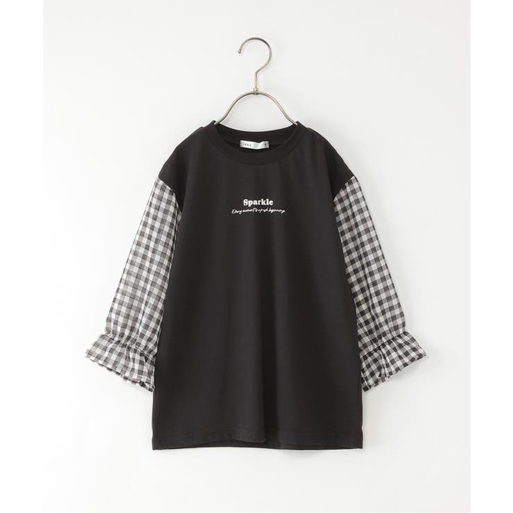 ブラック | シアギンガムチェック7分袖ロゴTシャツ（120~160cm） | ikka 
