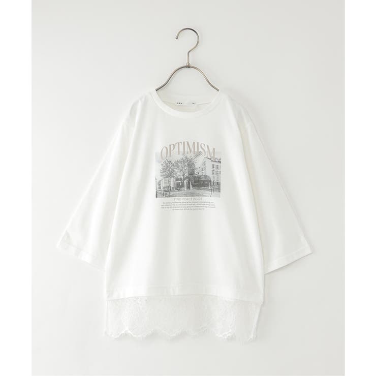 オフホワイト | 【親子コーデ】ロゴフォト裾レース7分袖Tシャツ（120~160cm） | ikka 