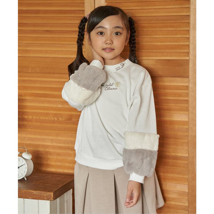 オフホワイト | 袖ファー花モチーフ付裏毛プルオーバー（120~160cm） | ikka 