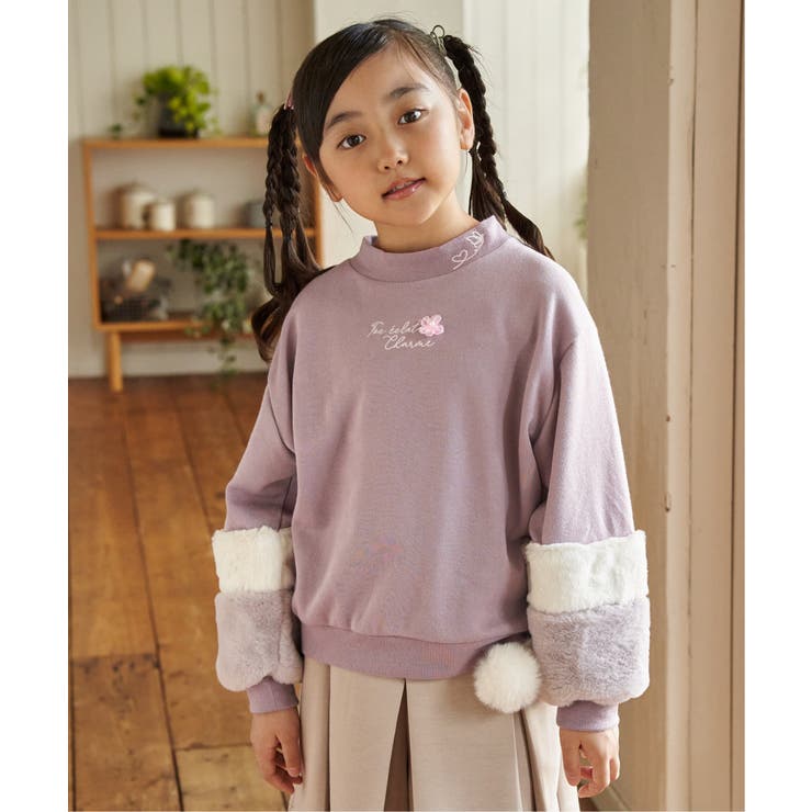 ダークピンク | 袖ファー花モチーフ付裏毛プルオーバー（120~160cm） | ikka 