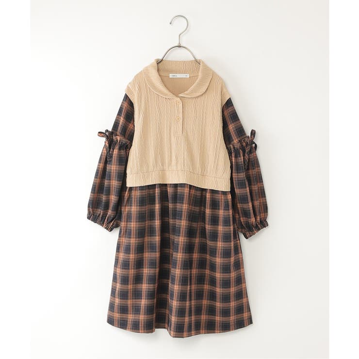 ベージュ | ショールベストレイヤーチェックワンピース（120~160cm） | ikka 