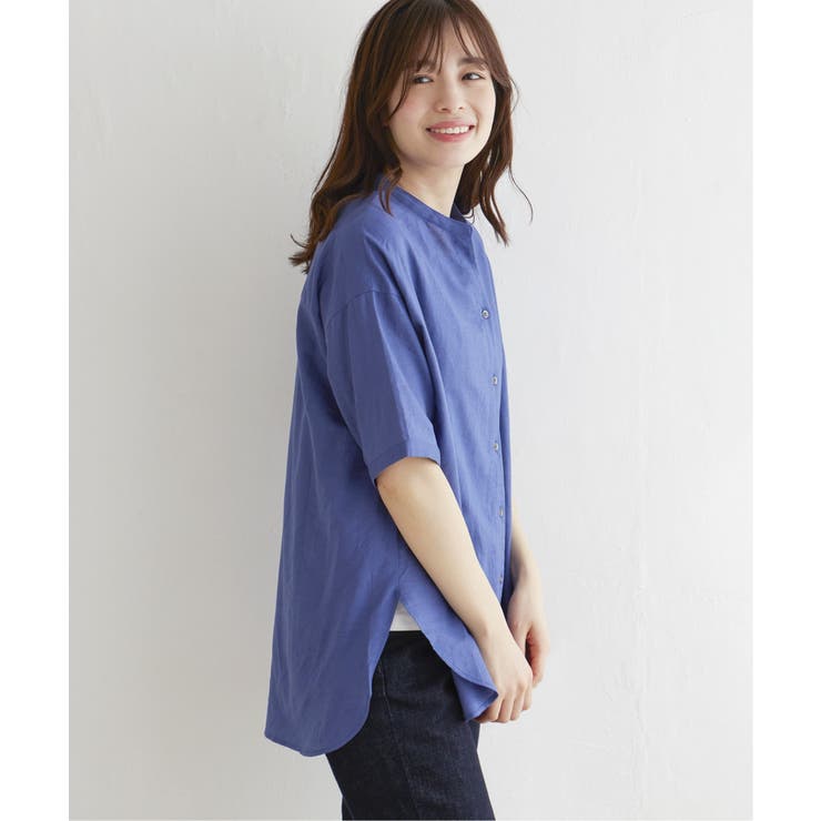 【美品/XL】ブルーブルー カットソー バンドカラー プルオーバー リネン 半袖 カラーリネン 半袖シャツ（ダークブルー） ｜ポール・スミス