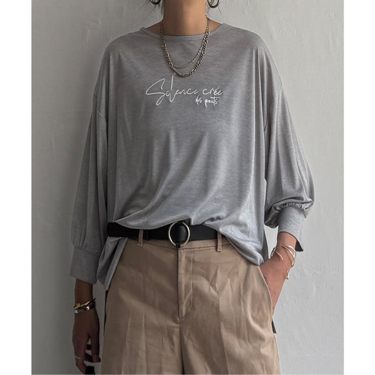 グレー | シアーロゴ刺繍7分袖Tシャツ | Lbc with Life