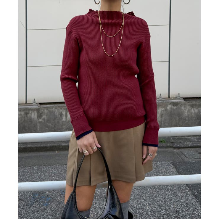ワイン | 袖配色レイヤーリブニット | Lbc with Life