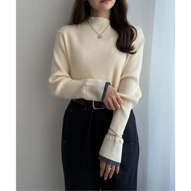 ホワイト | 袖配色レイヤーリブニット | Lbc with Life