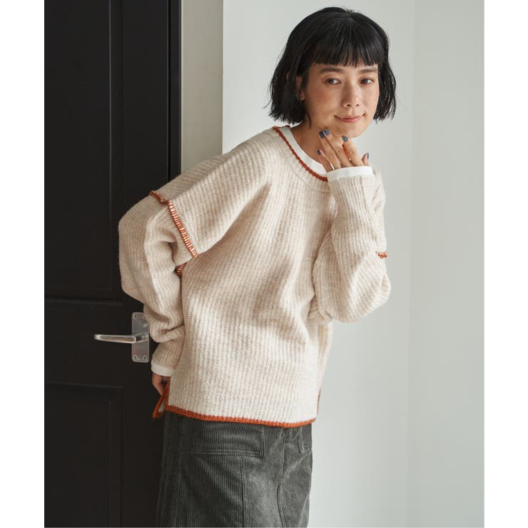 オフホワイト | 【インフルエンサー着用】ステッチ配色畦ラインニットプルオーバー | Lbc with Life