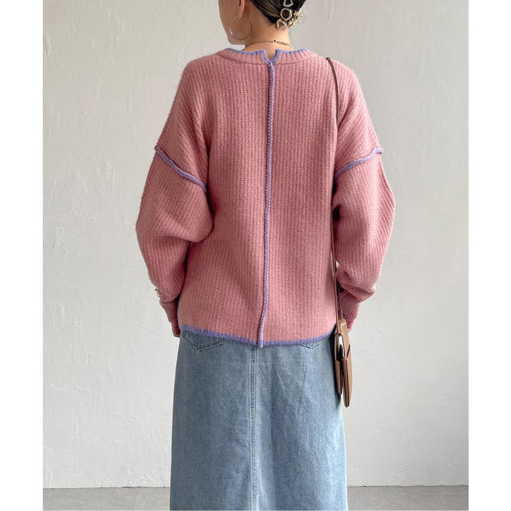 ピンク | 【インフルエンサー着用】ステッチ配色畦ラインニットプルオーバー | Lbc with Life