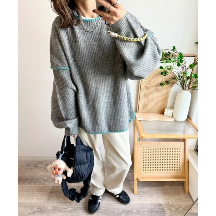 【インフルエンサー着用】ステッチ配色畦ラインニットプルオーバー | Lbc with Life | 詳細画像1 