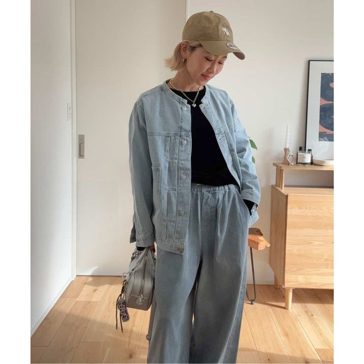 LBCノーカラーデニムジャケット Lサイズ ネイビー 選べるセットアップ