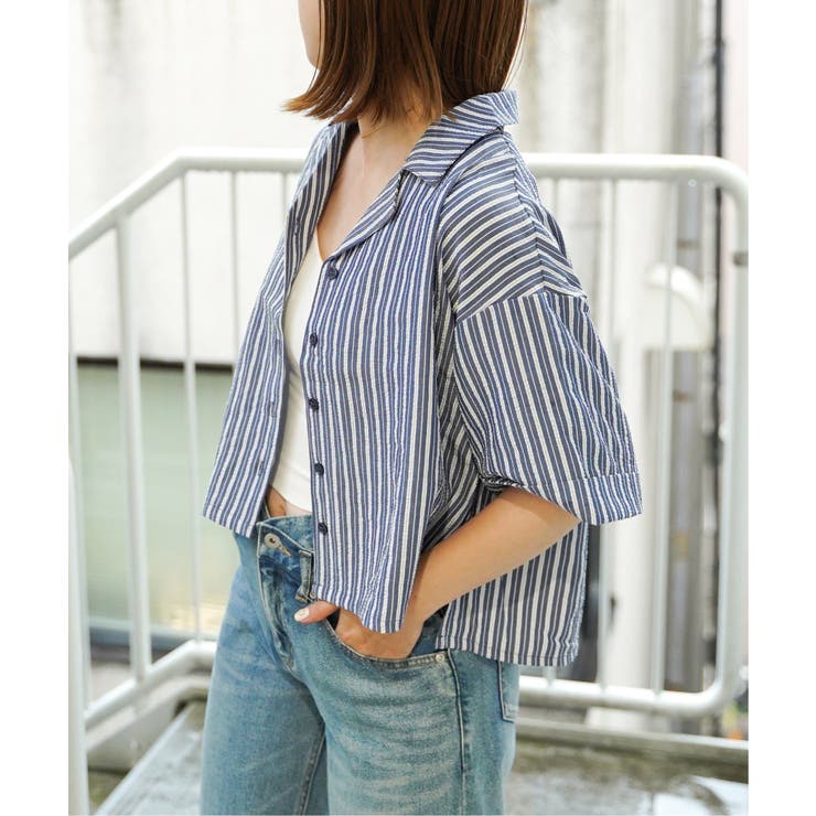 ストライプ半袖開襟シャツ 品番 IKAW0016883 VENCE share style WOMEN ヴァンスシェアスタイル レディース