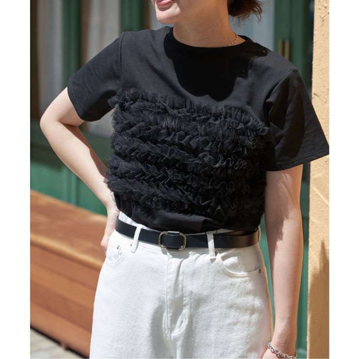 ブラック | 天竺チュールフリルビスチェ見えTシャツ | VENCE share style【WOMEN】