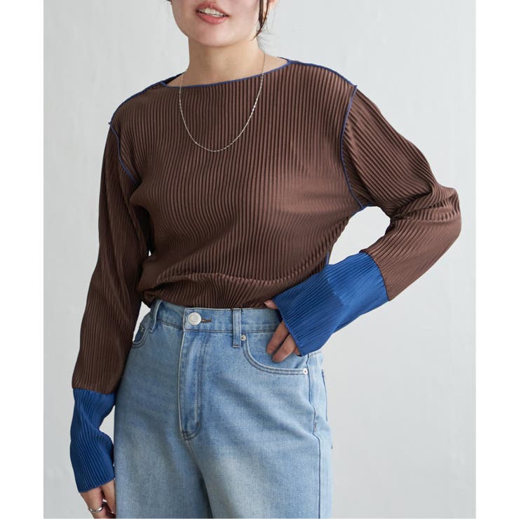 ブラウン | プリーツ加工配色袖トップス | VENCE share style【WOMEN】