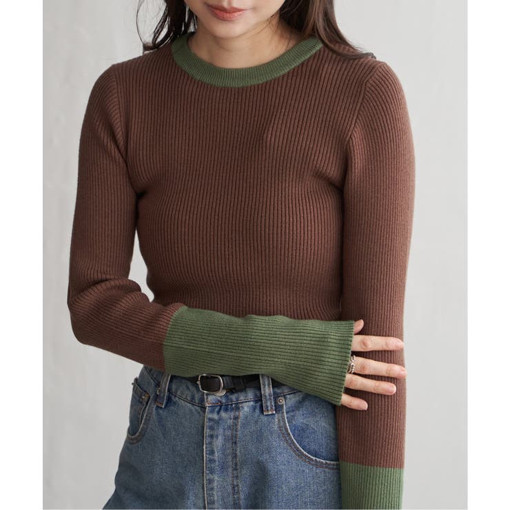 ブラウン | クールクール12Gリブ配色プルオーバー | VENCE share style【WOMEN】