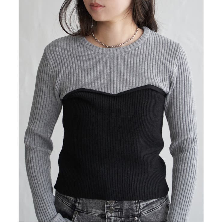 ブラック | ウールライクビスチェ見え配色プルオーバー | VENCE share style【WOMEN】