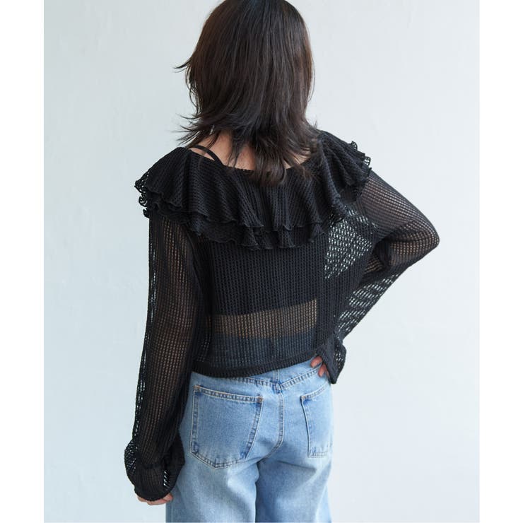 ブラック | メッシュフリルジップカーディガン | VENCE share style【WOMEN】