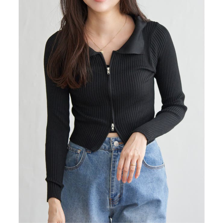 ブラック | ダブルジップショートリブニット | VENCE share style【WOMEN】
