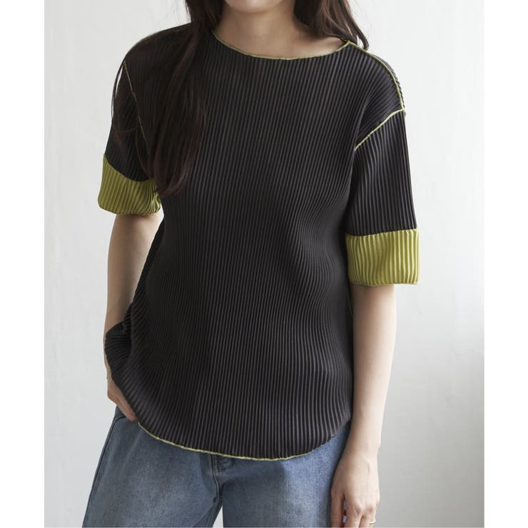 ブラック | プリーツ袖配色トップス | VENCE share style【WOMEN】
