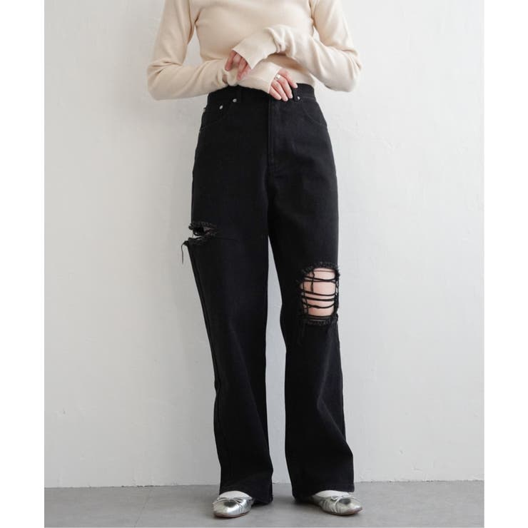 ブラック | ダメージワイドデニムパンツ | VENCE share style【WOMEN】