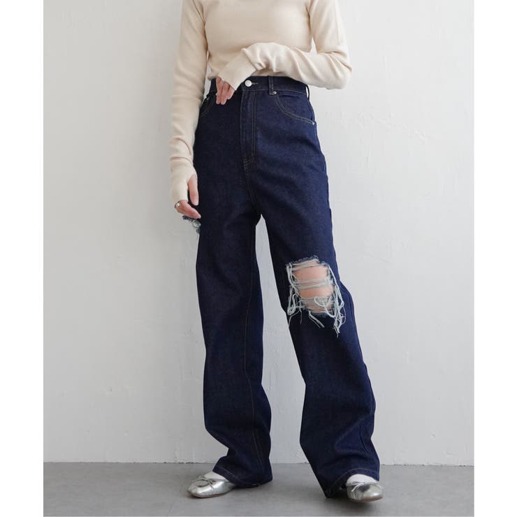 ネイビー | ダメージワイドデニムパンツ | VENCE share style【WOMEN】