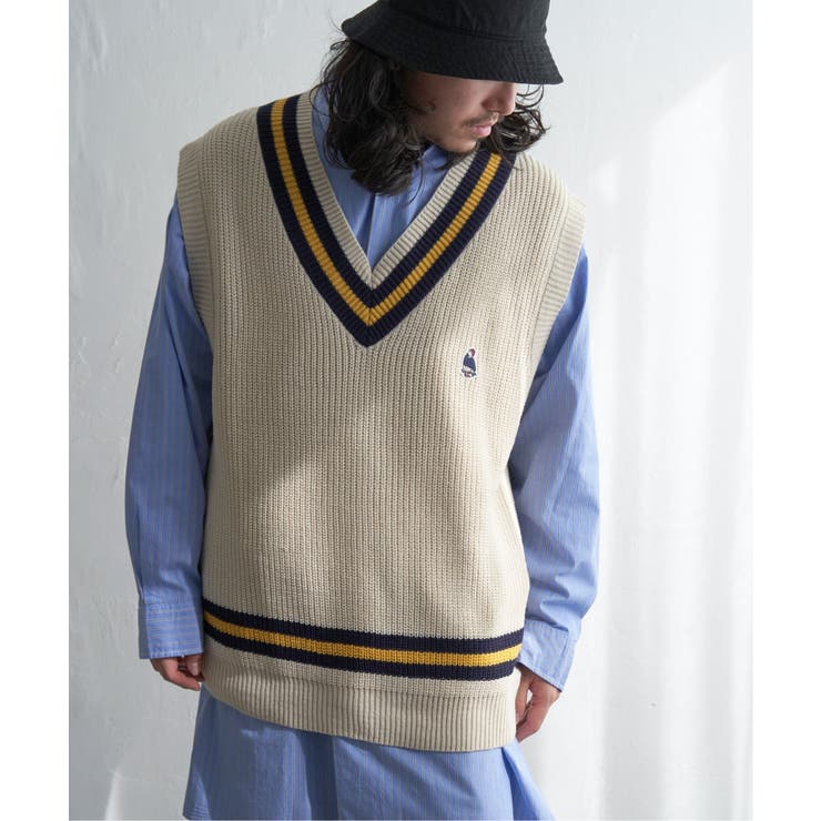DONDUP ホワイト×レッド・ブルーのVネック ニットベスト スクールベスト ニットベスト Vネック ニット セーター 制服 学生服