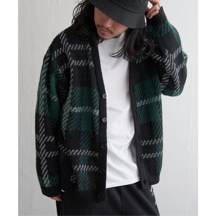 Dkグリーン | 総柄ニットVカーディガン | VENCE share style【MEN】
