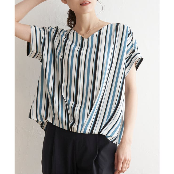 ブルー | マルチストライプ半袖ブラウス | ikka