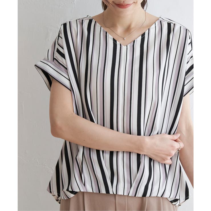 マルチストライプ半袖ブラウス | ikka  | 詳細画像1